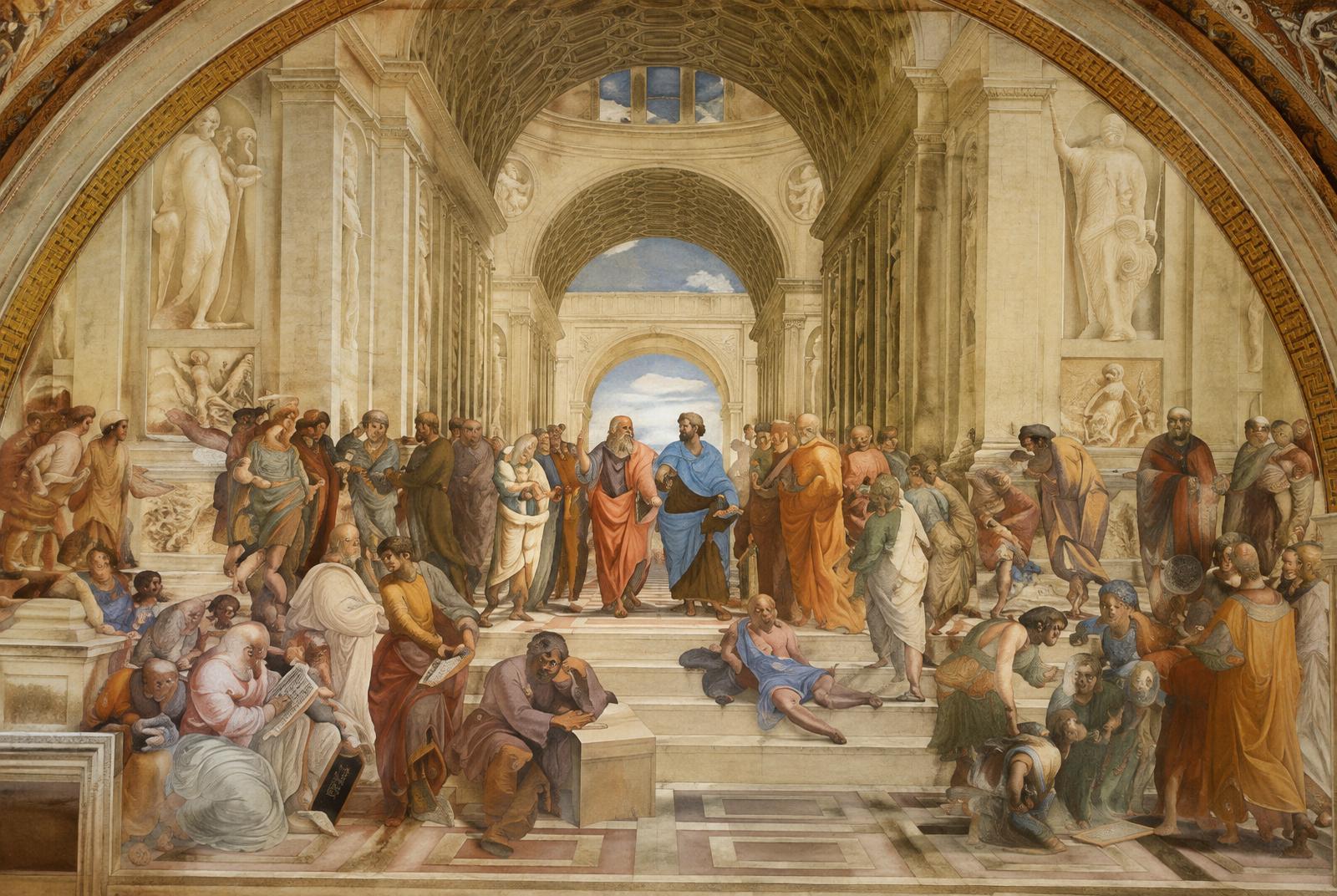 Classical fresco of philosophers and scholars gathered in a great hall of arches